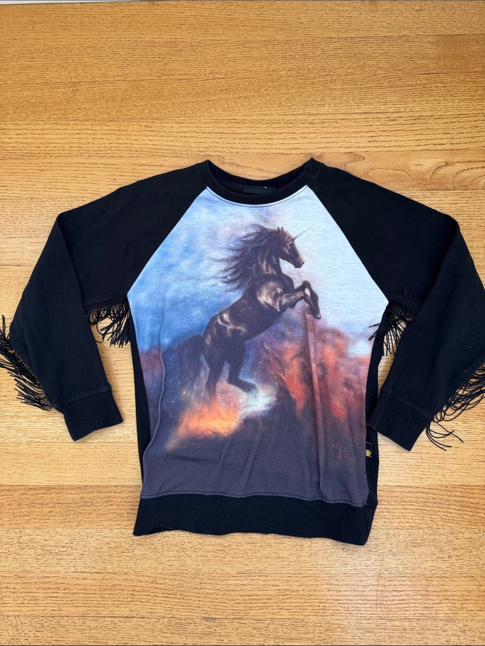 Rock Your Baby Black Unicorn Fringe Sweatshirt with Sunset Print